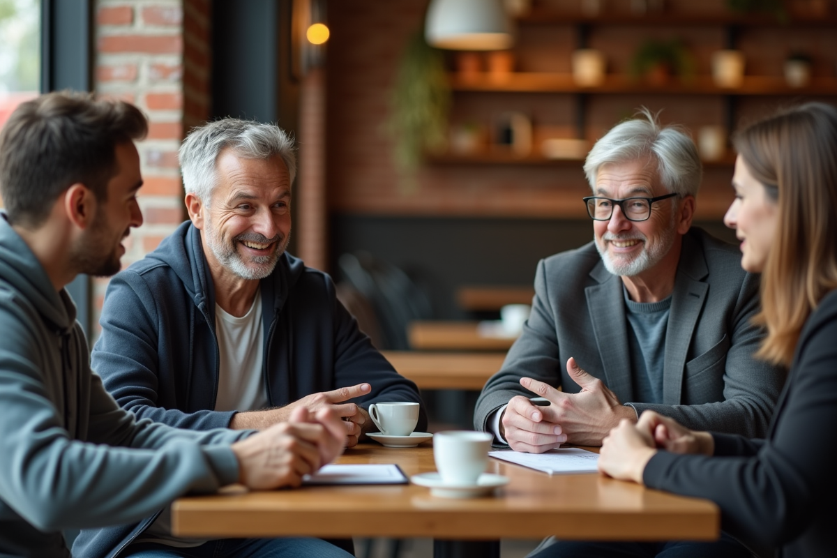 Clients variés en café discutant avec professionnels