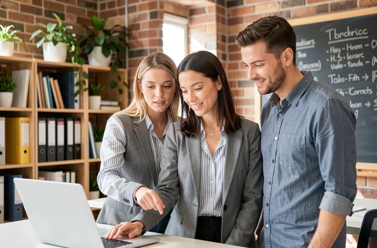 Trois collègues concentrés autour d'un ordinateur portable dans un espace de coworking, symbolisant la collaboration et la communication interne