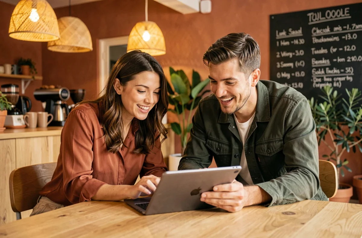 Deux professionnels en collaboration sur une tablette dans un espace de coworking convivial à Toulouse avec décoration chaleureuse