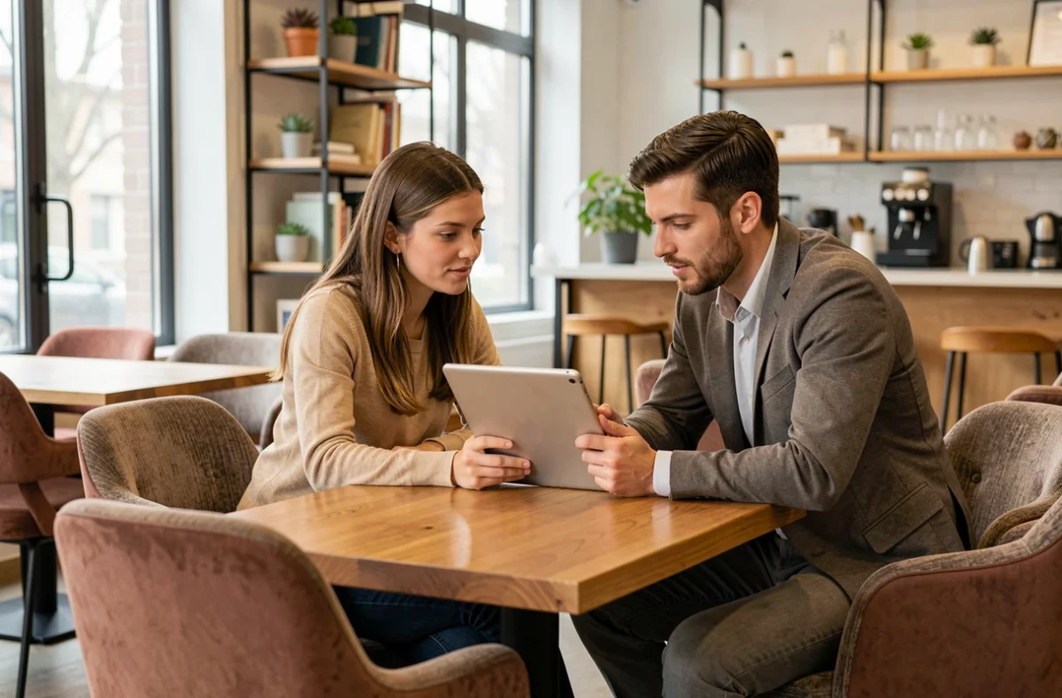 Deux collègues en discussion autour d'une tablette dans le salon d'un espace de coworking convivial à Clermont-Ferrand