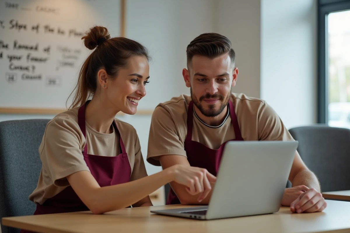 Deux employés Marie Blachère suivant ensemble un module de formation interne sur un ordinateur portable en salle de formation