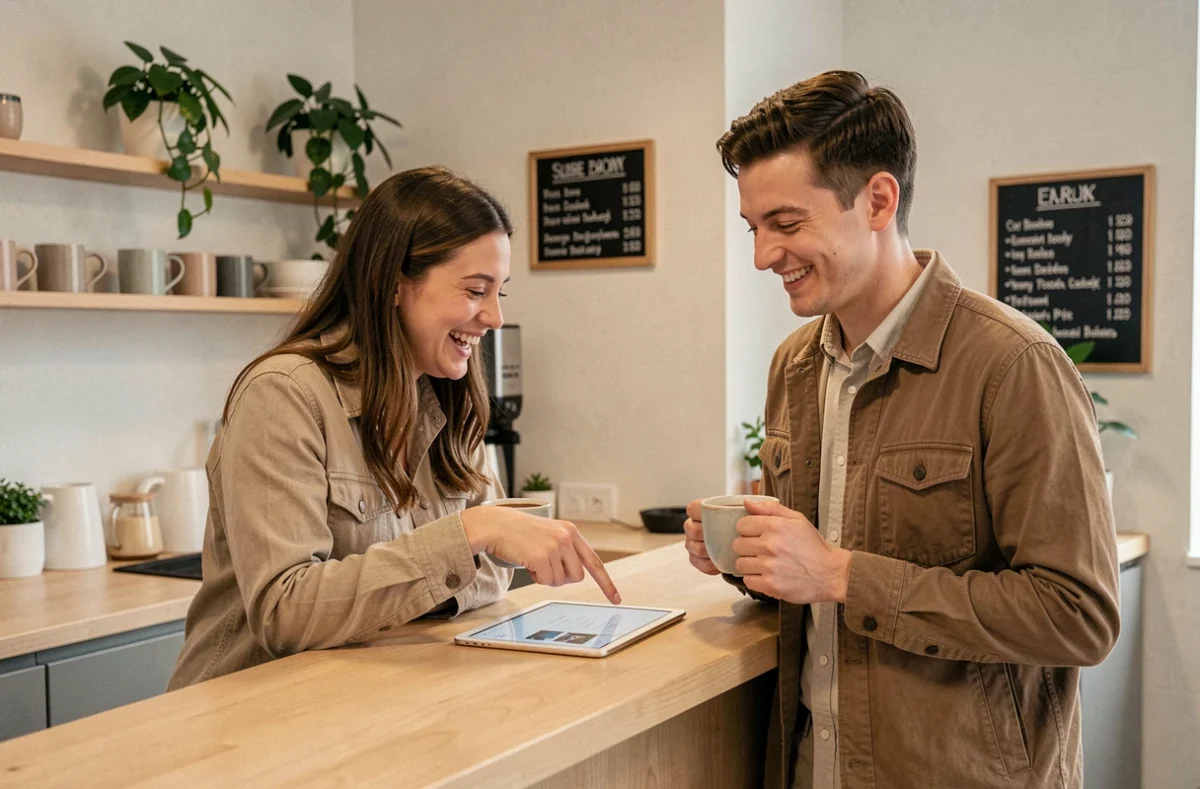 Deux collègues jeunes qui rient ensemble autour d'un café dans la cuisine d'un bureau moderne