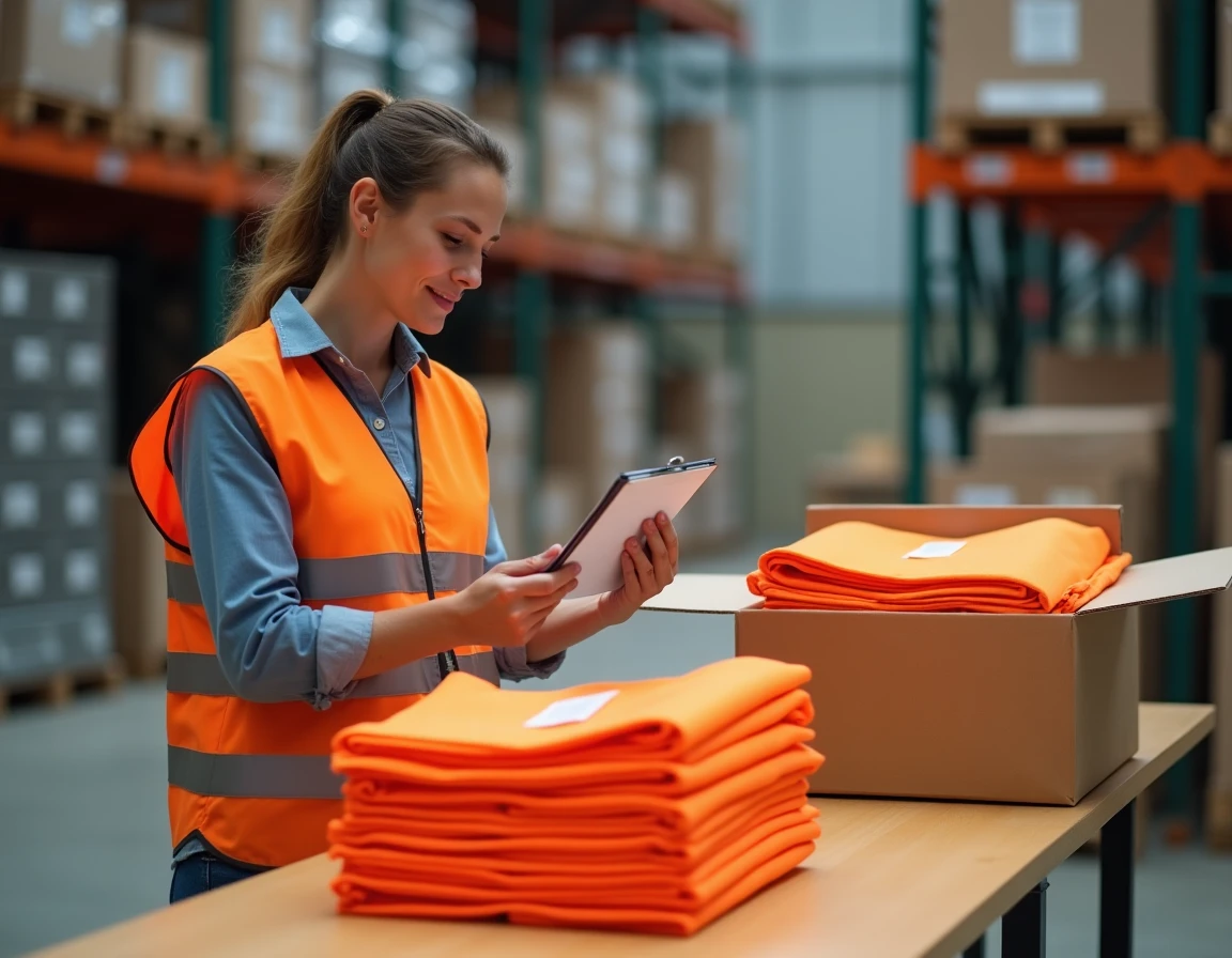 Responsable logistique examinant une commande groupée de gilets de sécurité personnalisés dans un entrepôt municipal