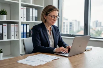 Comptable indépendante en portage salarial travaillant sur des documents financiers dans son bureau à domicile
