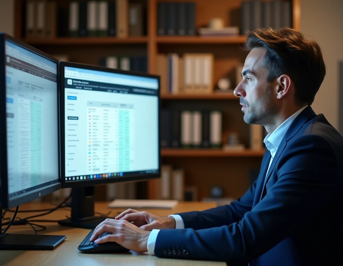 Comptable vérifiant un prélèvement DGFiP sur le portail fiscal en ligne depuis son bureau professionnel