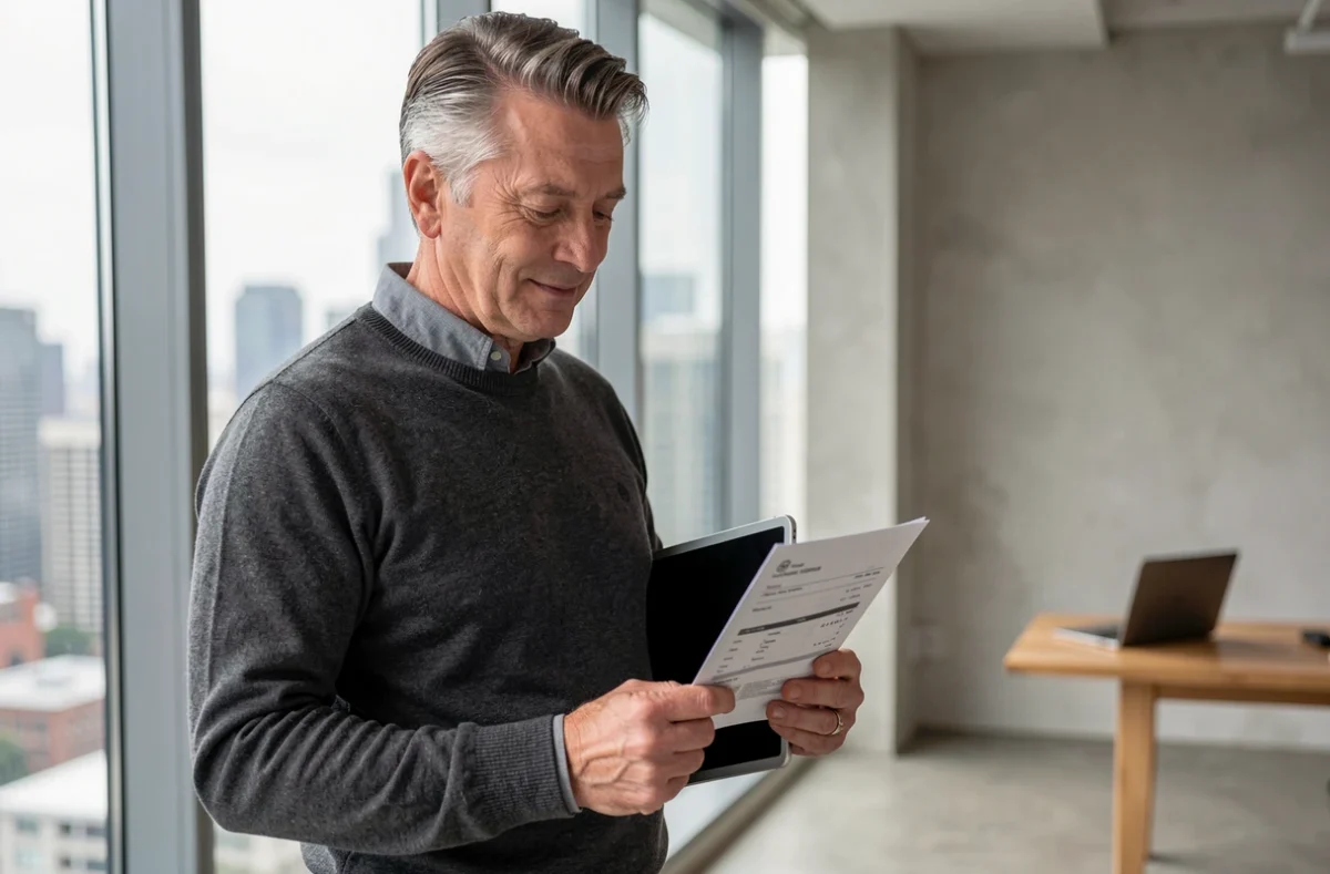 Comptable senior examinant une fiche de paie en portage salarial dans un bureau moderne avec vue sur la ville