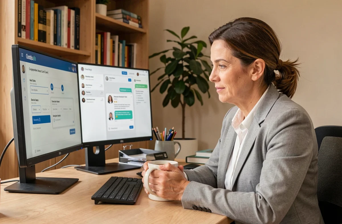 Femme configurant le partage d'une carte accès JKV en mode coopération depuis son bureau à domicile