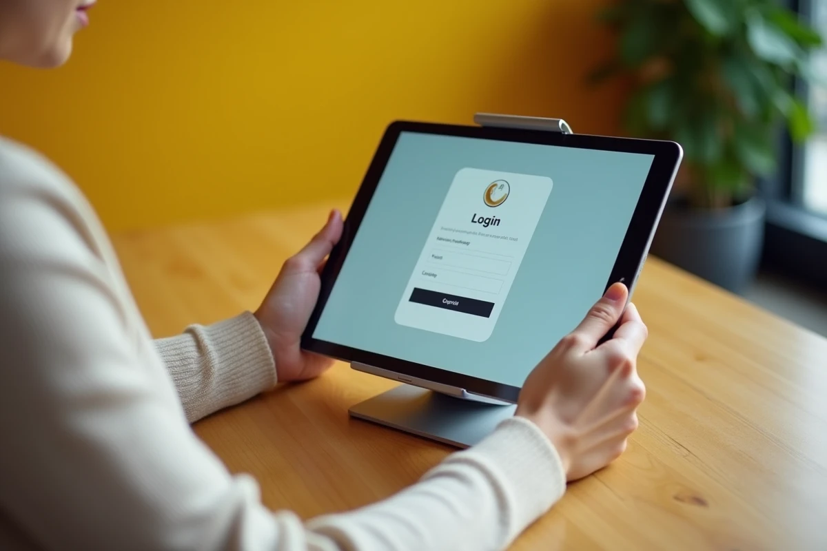 Mains d'une employée utilisant une tablette pour accéder au guide de connexion de l'extranet La Poste GTm