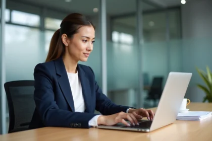 Femme professionnelle se connectant au portail RH hrforyou sur son ordinateur portable dans un bureau moderne