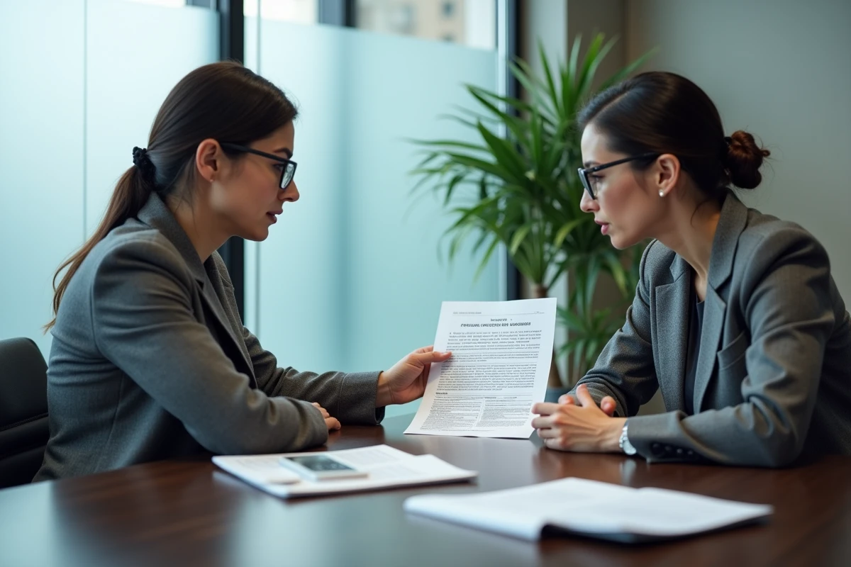 Femme cadre et conseiller juridique examinant ensemble des documents du Code du travail pour calculer une indemnité de rupture en salle de réunion