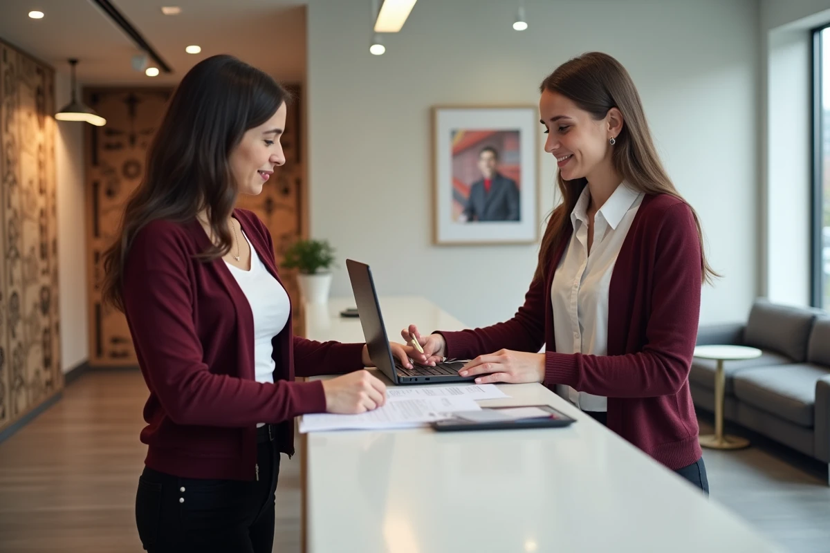 Conseillère bancaire aidant un client à un guichet moderne, exemple concret d'emploi dans le secteur tertiaire et les services au public