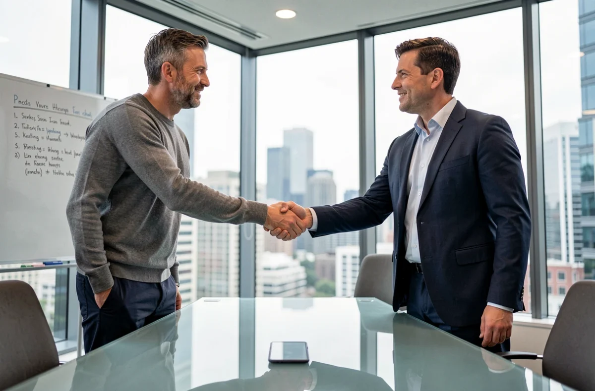 Consultant en portage salarial signant un contrat avec un client lors d'une réunion d'affaires professionnelle