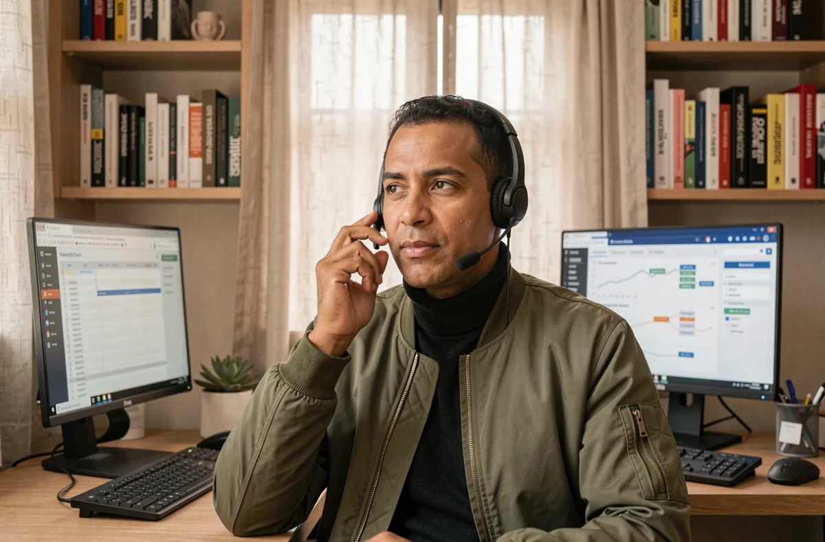 Consultant indépendant en portage salarial travaillant depuis son bureau à domicile avec double écran et casque téléphonique