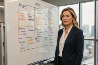 Consultante en stratégie analysant une matrice McKinsey sur un tableau blanc dans une salle de réunion moderne