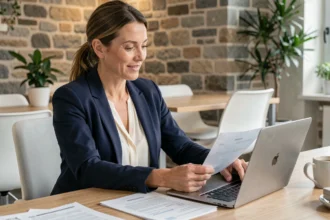 Consultante en portage salarial à Quimper révisant ses contrats dans un espace de coworking professionnel au style breton