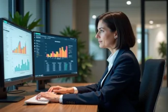 Consultante SEO d'une agence digitale à Lyon analysant des données d'audit et de référencement naturel sur des écrans d'ordinateur dans un bureau moderne