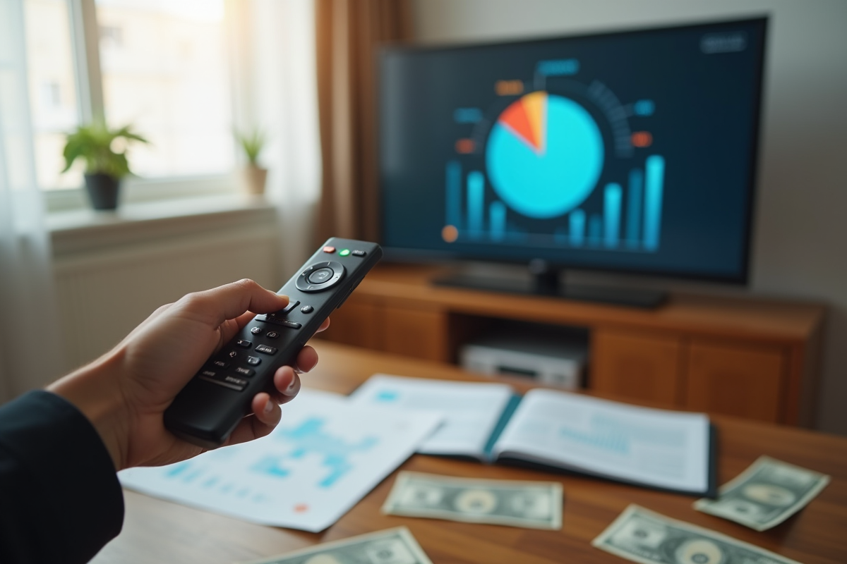 Main tenant une télécommande avec un graphique en camembert à l