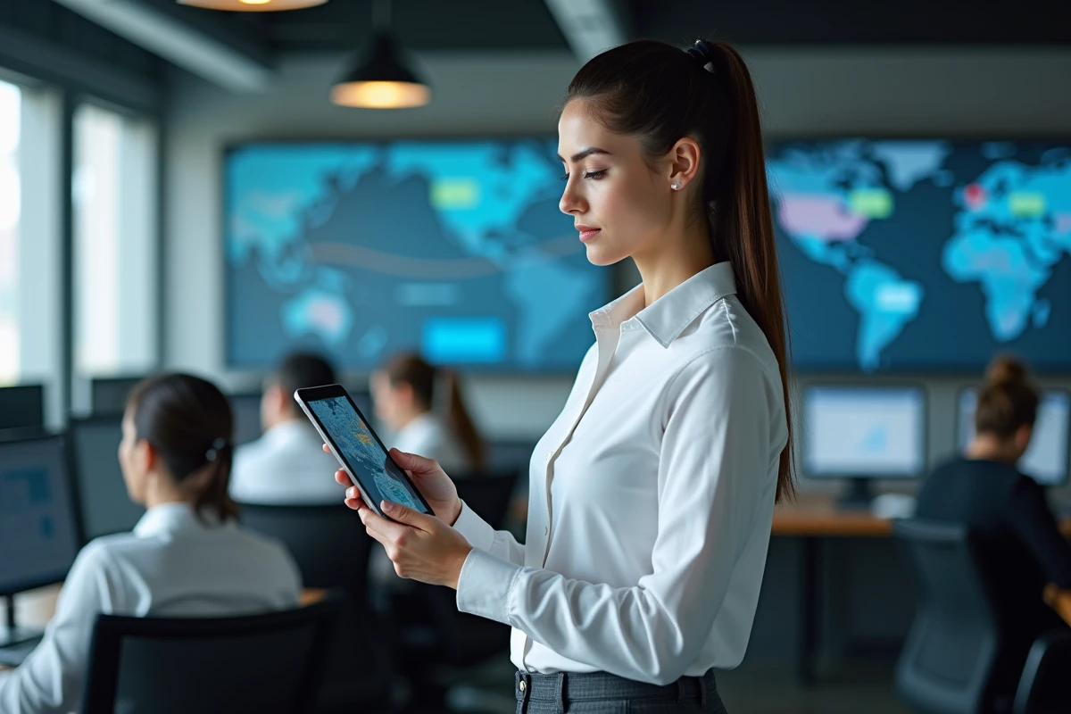 Coordinatrice logistique consultant une application de gestion de flotte en temps réel sur tablette dans un centre d'opérations de transport