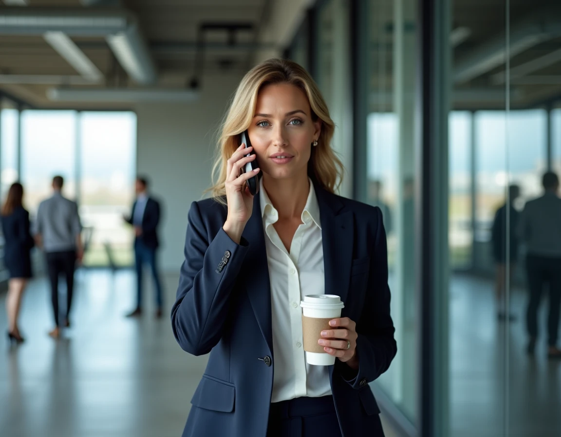 Femme cadre en conversation téléphonique confidentielle dans les couloirs d'une entreprise moderne