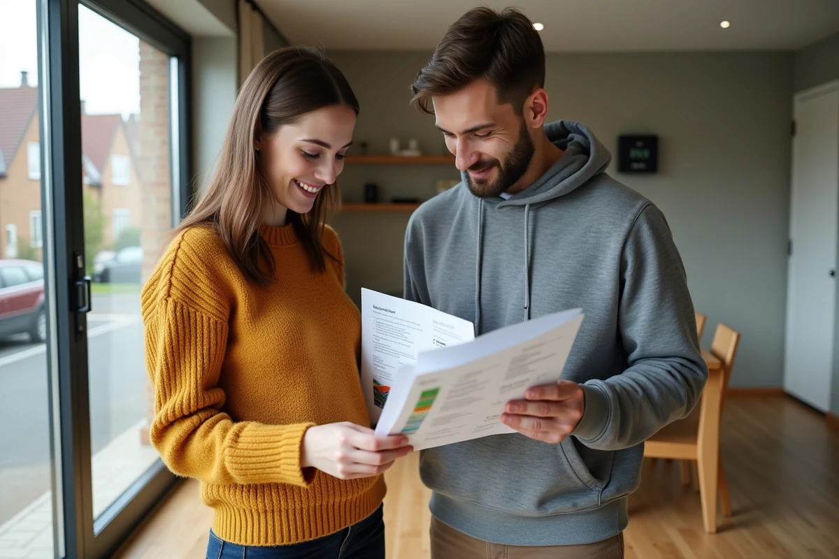 Couple consultant des certifications énergétiques dans un appartement écologique avec matériaux durables et fenêtres triple vitrage