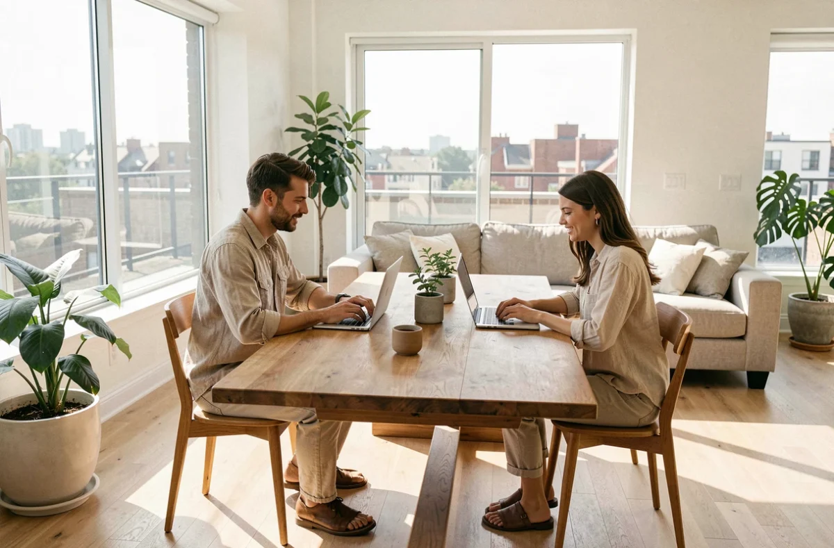 Couple travaillant en télétravail depuis leur appartement avec deux ordinateurs portables sur une grande table