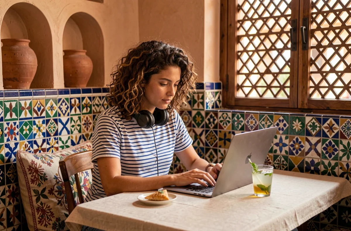 Nomade numérique travaillant seule dans un café coworking décoré de mosaïques marocaines traditionnelles à Marrakech