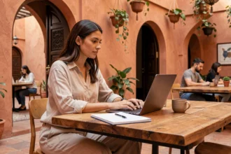 Femme travaillant en coworking à Marrakech dans un espace inspiré d'un riad avec arches marocaines et plantes suspendues