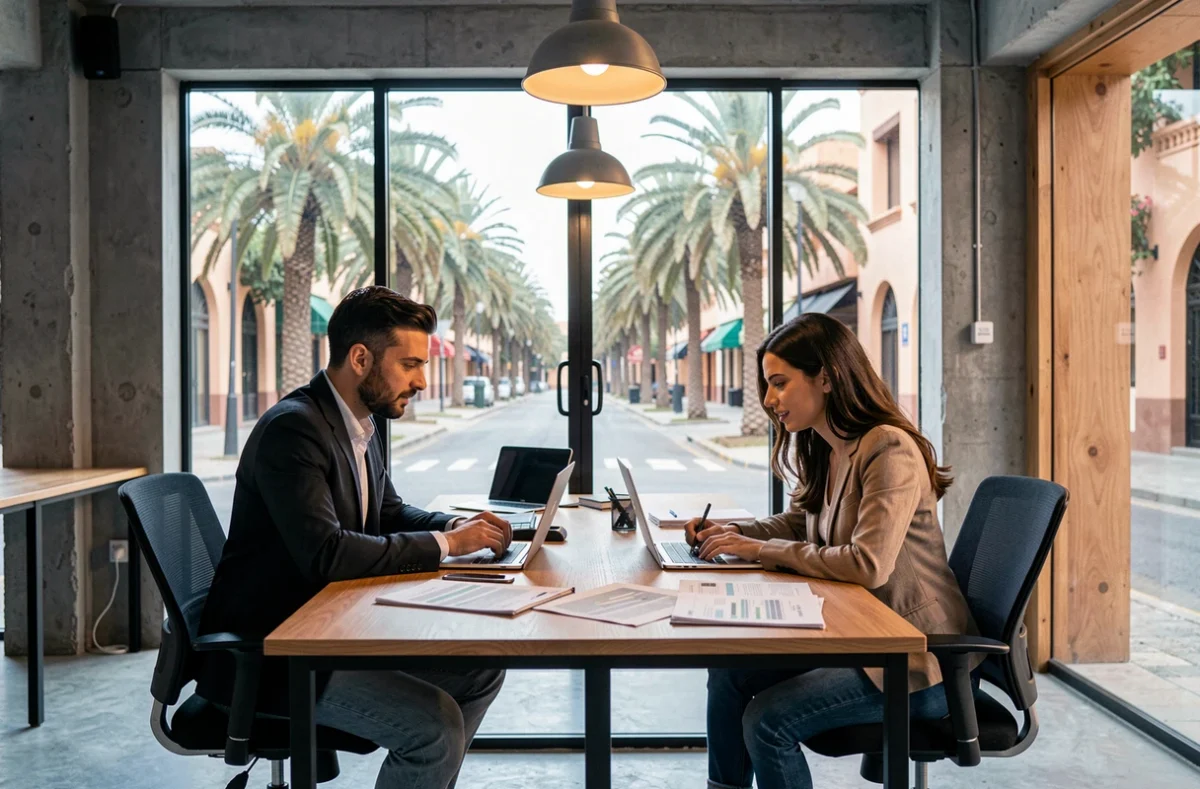 Deux professionnels en coworking dans un espace moderne du quartier Gueliz à Marrakech avec vue sur avenue