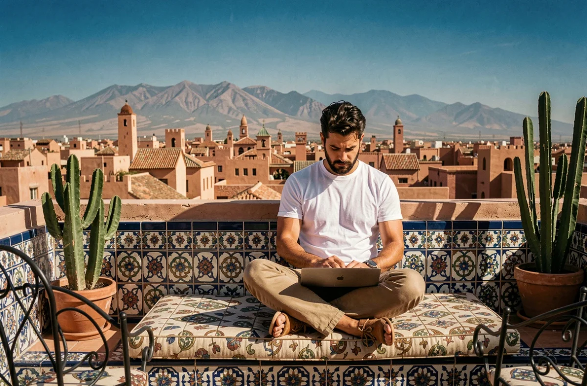 Homme travaillant sur un rooftop coworking à Marrakech avec vue sur la médina et l'Atlas en arrière-plan