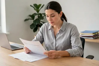 Femme entrepreneur créant sa micro entreprise URSSAF avec des documents administratifs sur un bureau en bois