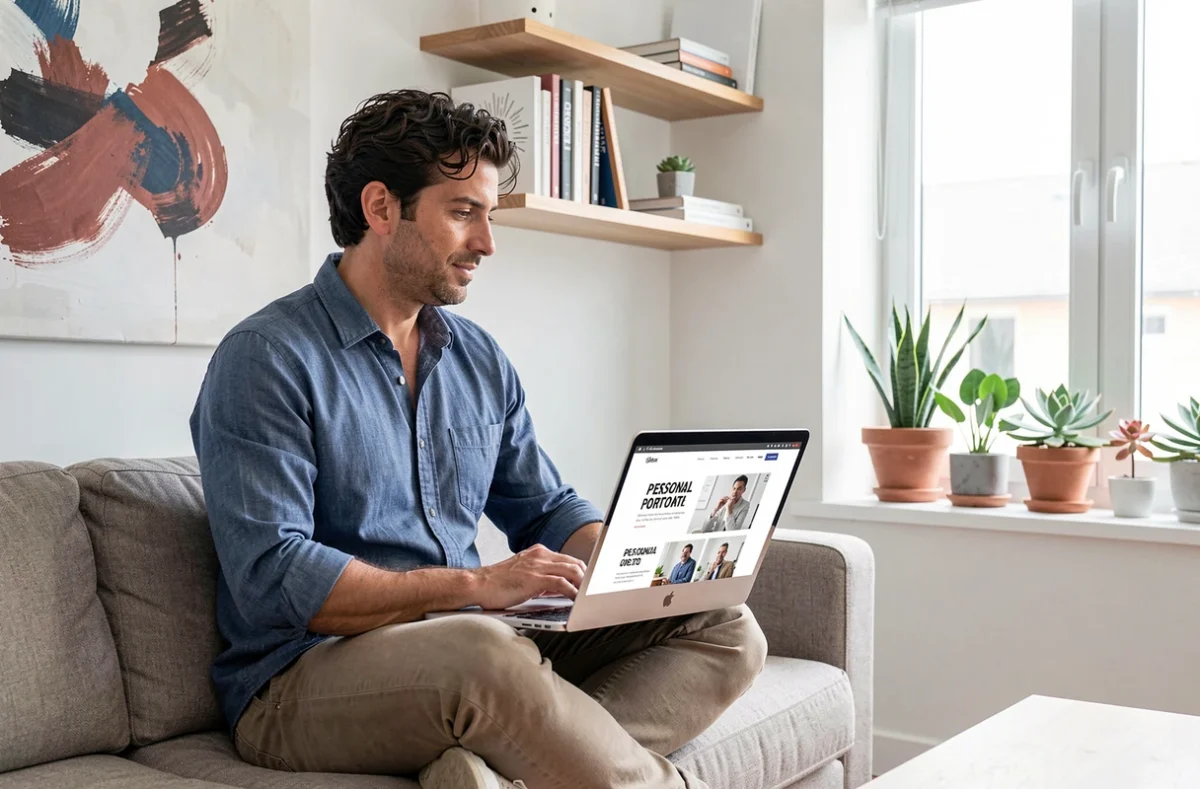Freelance web designer Cyrildeborde.fr travaillant sur son portfolio depuis son espace de travail à domicile