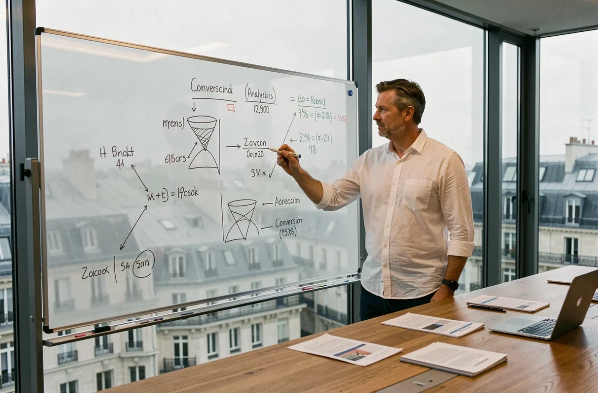 Data analyst homme présentant des métriques marketing sur tableau blanc en salle de réunion parisienne