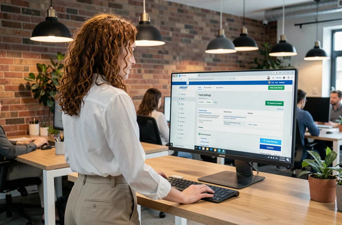 Femme entrepreneur consultant le portail URSSAF pour déclarer sa micro entreprise dans un espace de coworking