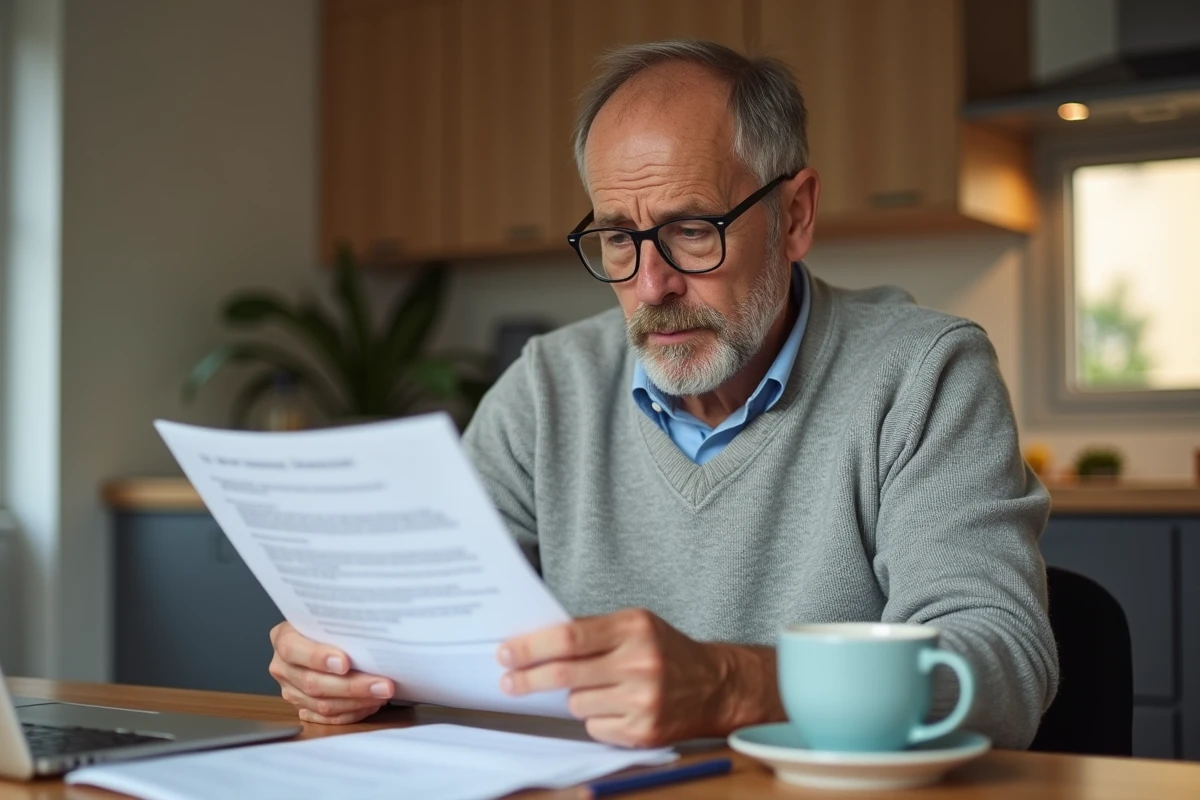 Homme étudiant un dossier de demande d'allocation chômage Pôle emploi à son domicile