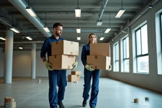Deux déménageurs professionnels transportant des cartons hors d'un bureau vide lors d'un débarras d'entreprise