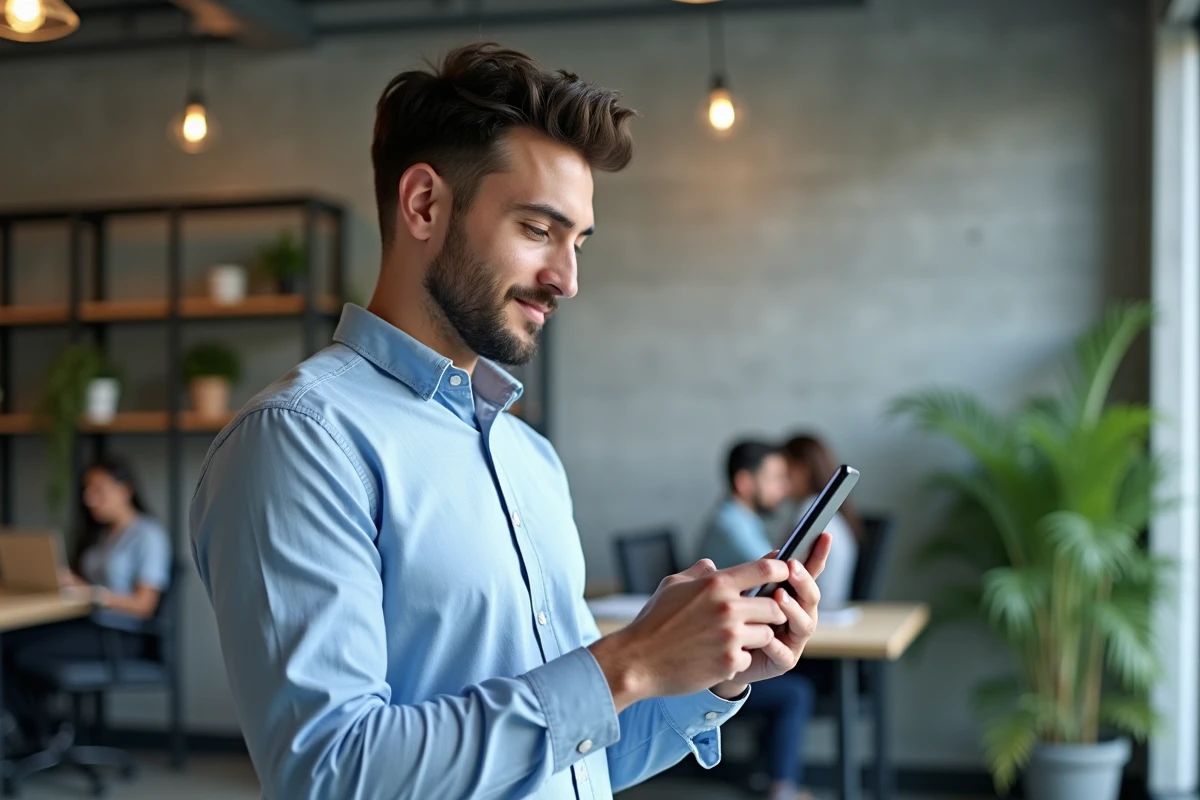 Jeune employé résolvant un problème de connexion hrforyou sur smartphone dans un espace de coworking