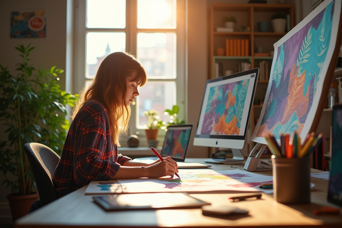 Designer créatif travaillant sur une affiche colorée à son bureau lumineux
