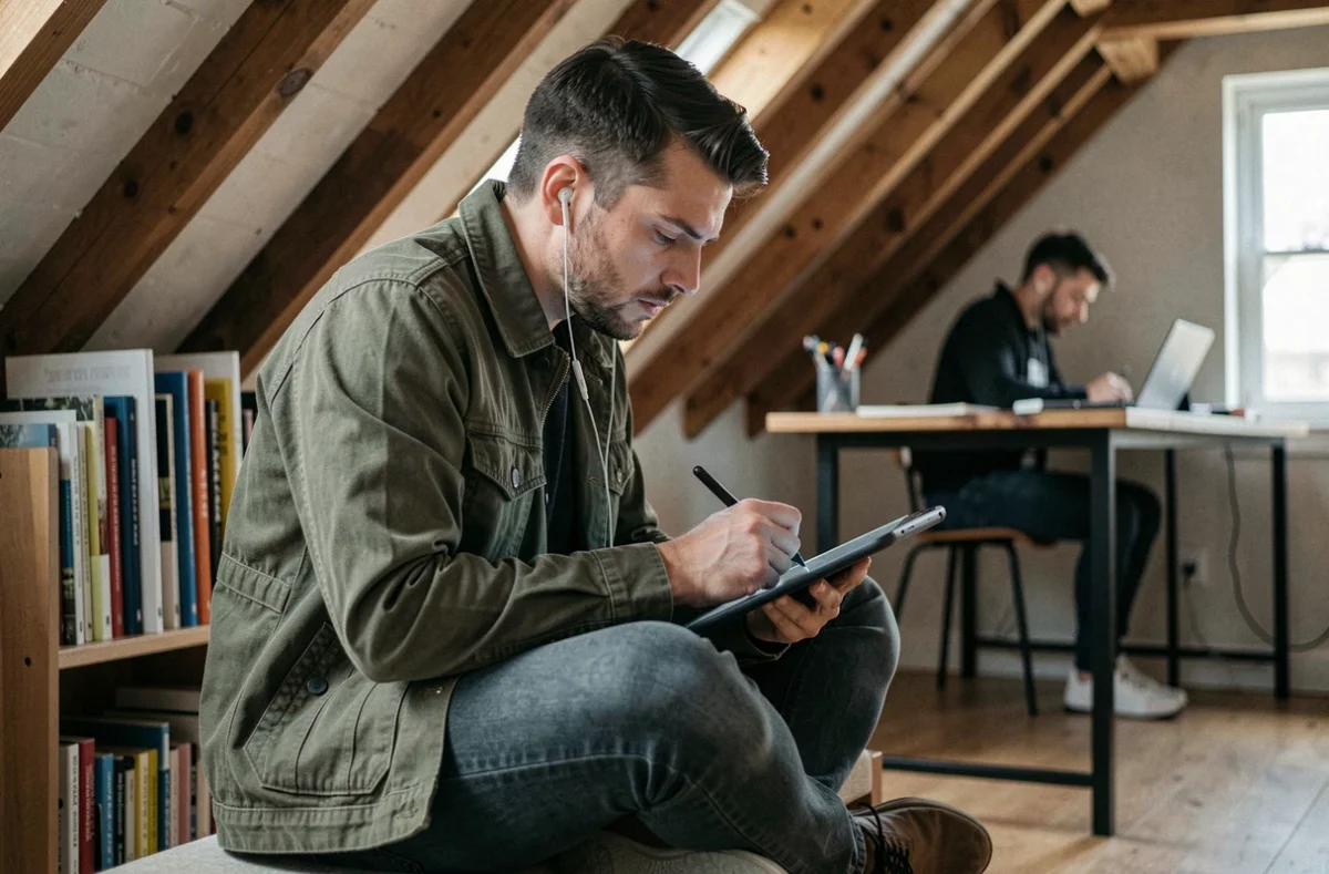 Designer freelance travaillant sur une tablette graphique dans un petit loft de coworking aux poutres apparentes