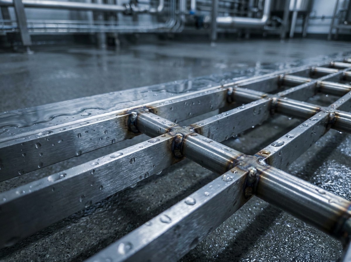 Gros plan sur la structure soudée d'un caillebotis inox avec drainage visible et résistance à la corrosion