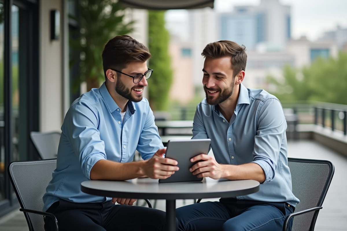 Deux jeunes hommes discutant avec tablette en terrasse urbaine