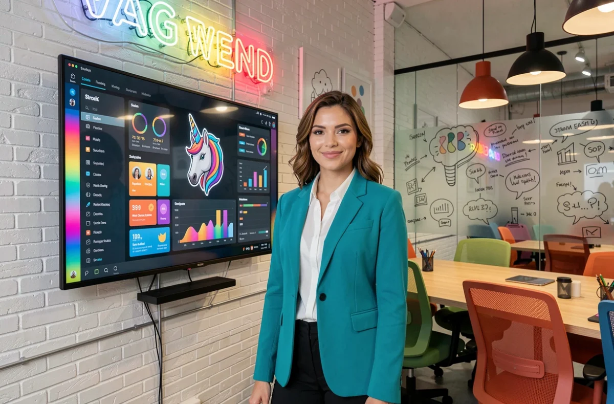 Entrepreneuse numérique de Digital Unicorn présentant un tableau de bord marketing digital dans un studio créatif