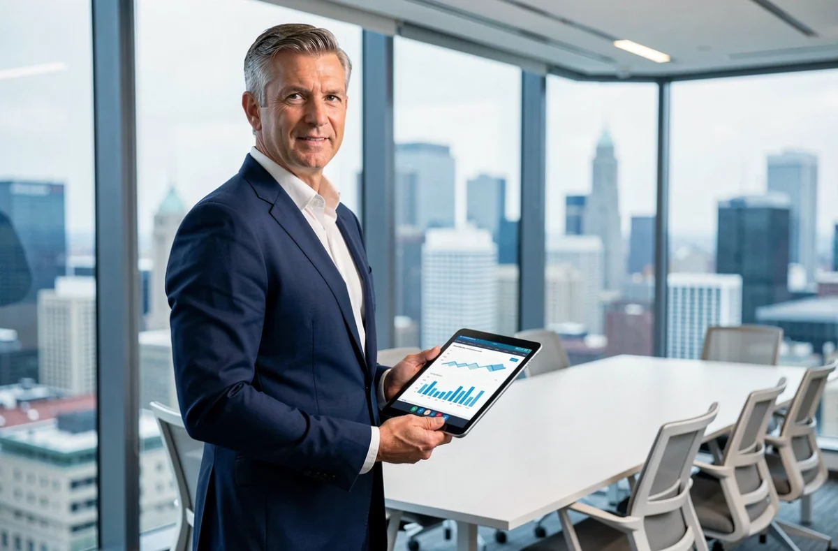 Directeur marketing tenant une tablette avec des analyses comportementales dans une salle de réunion avec vue sur la ville