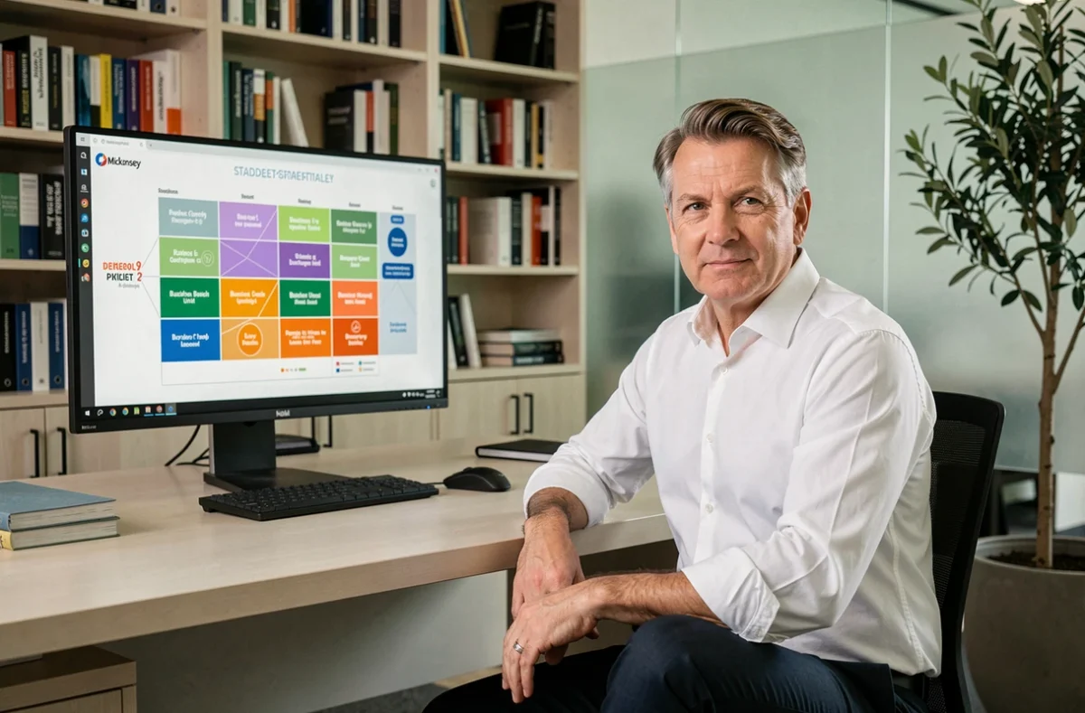 Dirigeant d'entreprise consultant une matrice McKinsey sur écran dans un bureau exécutif pour optimiser les décisions d'investissement