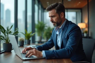 Dirigeant de PME consultant la plateforme Monentrepriseb2b.fr sur son ordinateur portable dans un bureau moderne avec vue urbaine