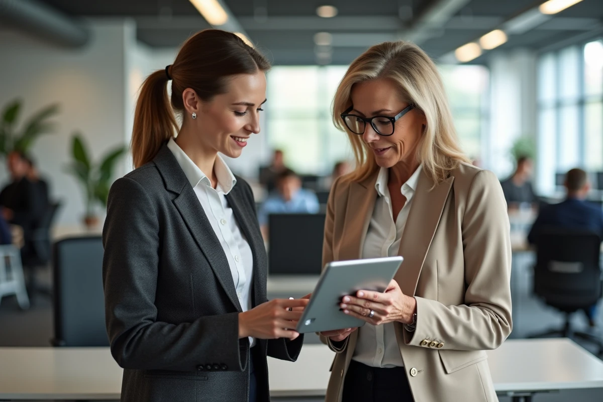 Deux dirigeantes de PME collaborant autour d'une tablette affichant des données B2B dans un espace de travail moderne et ouvert