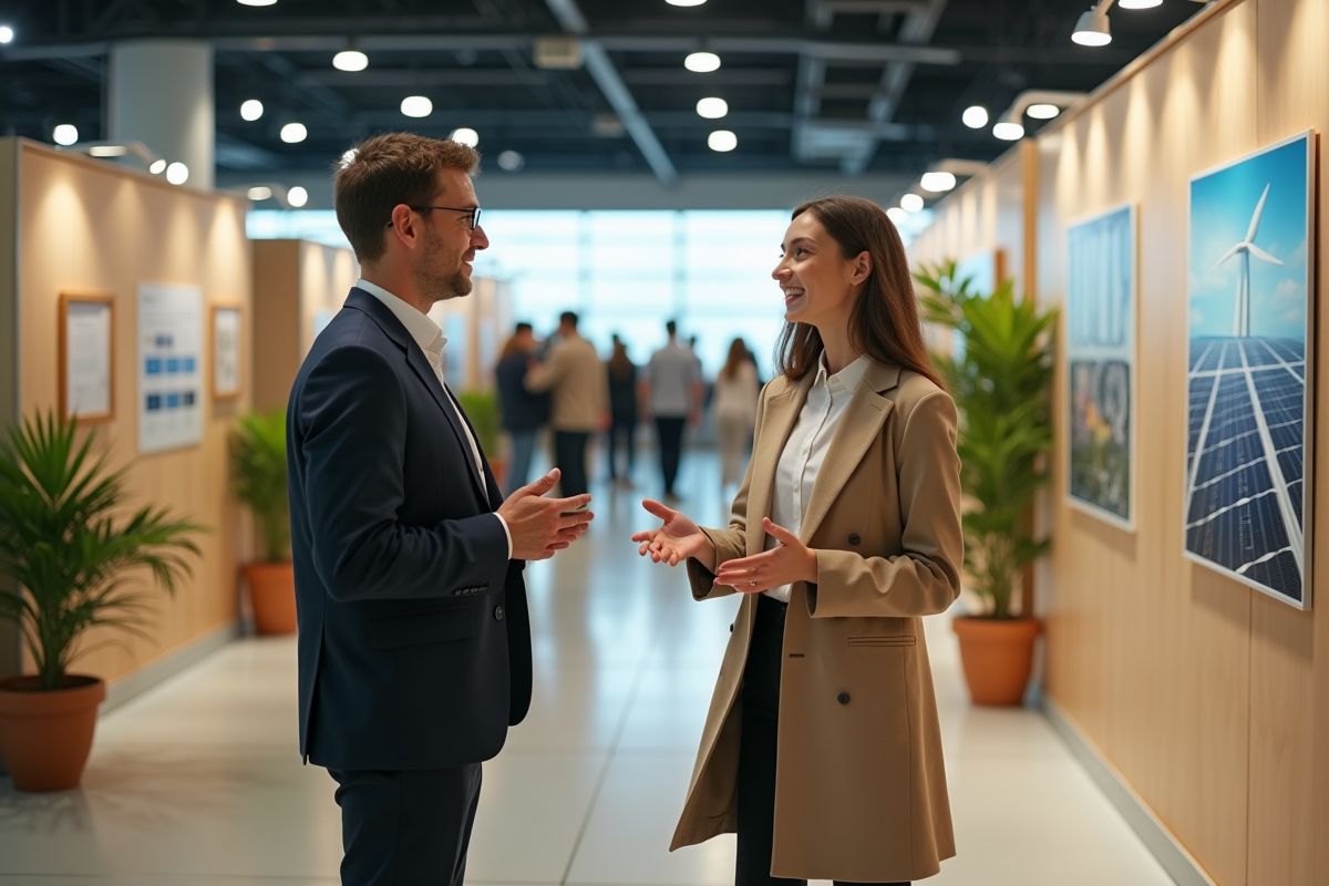 Jeune homme et femme discutant de panneaux solaires