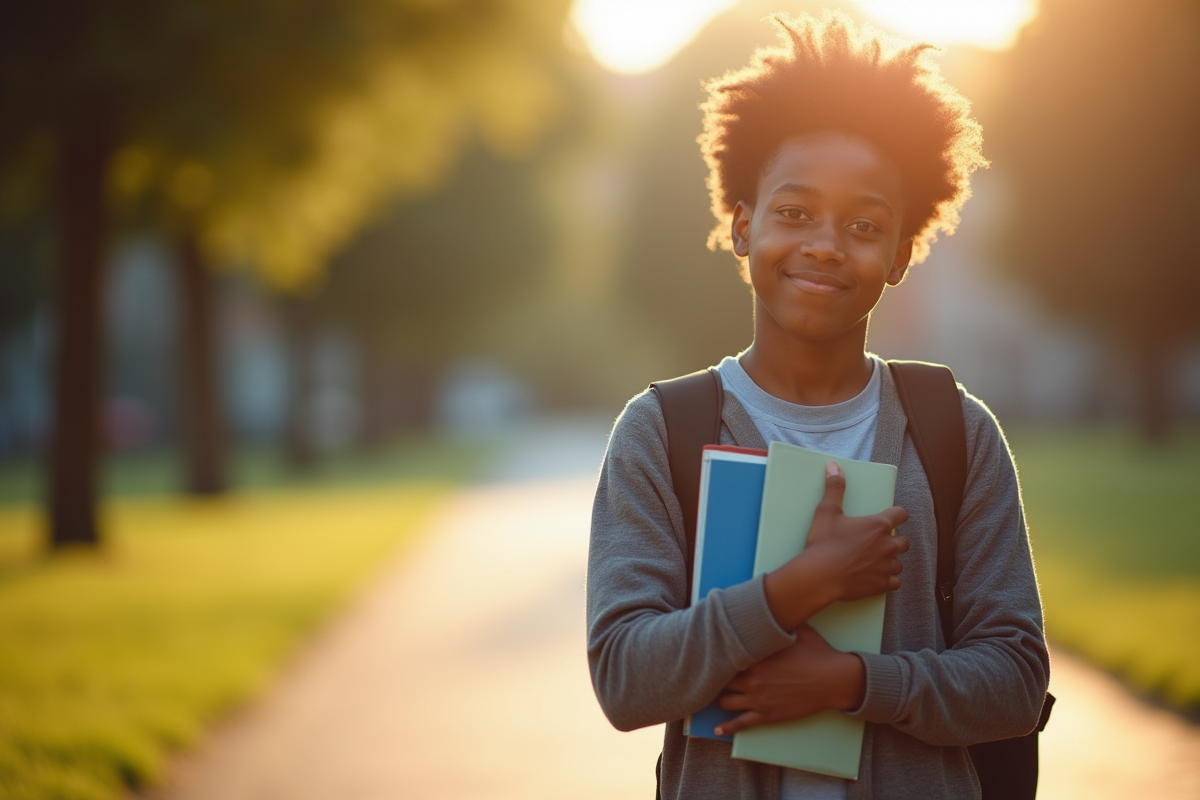 Etudiant confiant à un croisement en plein air avec livres