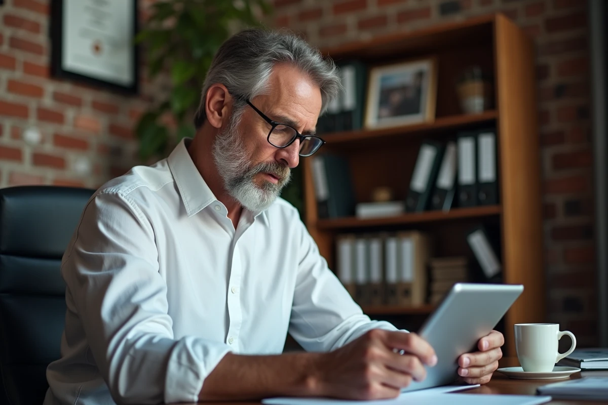 Élu du CSE utilisant une tablette pour gérer une plateforme numérique d'avantages salariés dans un bureau professionnel, représentant la transition digitale du comité d'entreprise