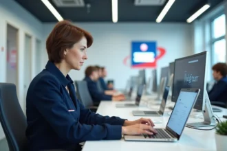 Employée La Poste connectée à l'extranet GTm sur un ordinateur portable dans un bureau professionnel