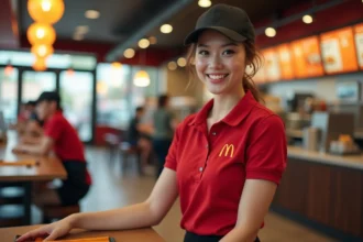 Jeune employée en uniforme McDonald's souriante derrière le comptoir d'un restaurant fast-food